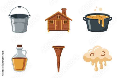 Flat vector icons for maple tapping process, featuring sap bucket, boiling pot, funnel, syrup bottle, and sugar shack,
