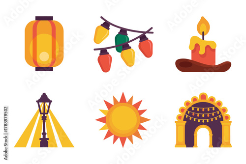 Stylized flat vector icons for holiday celebration and festivals, featuring colorful decorative lanterns, street lamp, burning candle, sunny arch, and event lights.