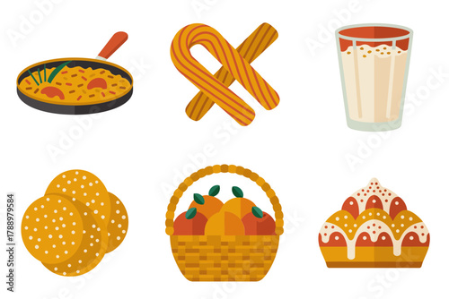 Colored outline vector icons for sweet desserts and baked goods, featuring pretzel, churro, traditional bread, fruit basket, and sweet pastry pie.
