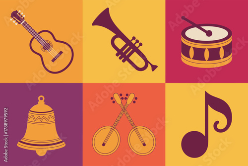 Flat vector icon set for musical instruments and celebration, illustrating trumpet, guitar, drum, maracas shakers, bell, and decorative music notes.
