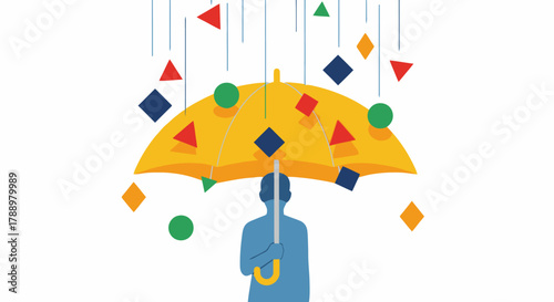 Abstract geometric shapes falling from the sky onto a person holding an umbrella, symbolizing protection and resilience against adversity or challenges