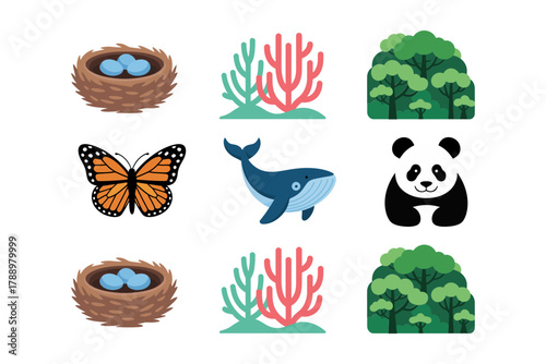 Colored outline vector icons for wildlife and nature, featuring panda, butterfly, whale, bird nest, forest trees, and beautiful underwater coral reef.