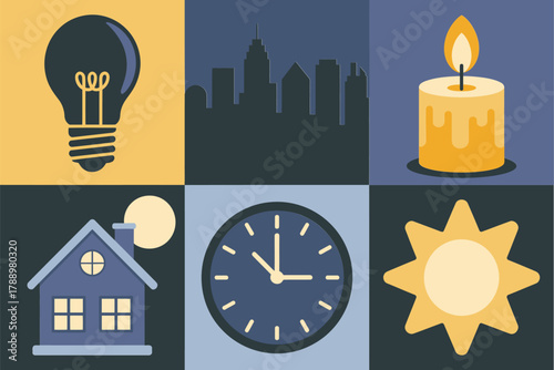 Flat vector icon set for city life and time, featuring lightbulb, burning candle, urban skyline, house, clock, and sunrise symbols.