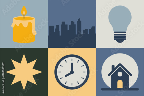 Stylized flat vector icons for city living and time, showing lightbulb idea, candle, urban skyline, house, clock, and sun symbol.
