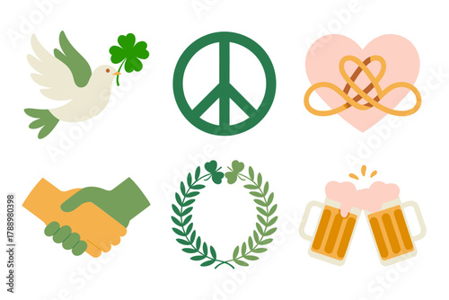 Flat vector icon set for peace, luck, and unity, featuring dove, peace sign, handshake, laurel wreath, beer mugs, and clover leaf.