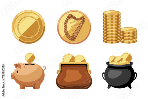 Colored outline vector icons for Irish symbols, showing gold coins, harp, piggy bank, pot of gold, and shamrock clover.