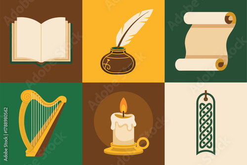 Flat vector icons for Irish culture and history, featuring open book, quill pen, harp, candle, scroll, and Celtic cross.