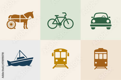 Outline vector icons for historical transportation, illustrating horse drawn cart, bicycle, car, sailboat, and classic passenger train vehicles.
