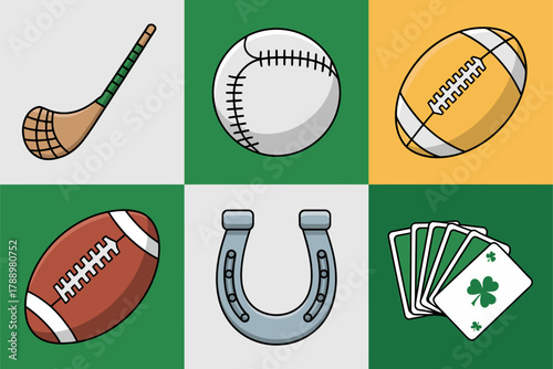 Colored outline vector icons for sports and luck, featuring hurling stick, baseball, rugby ball, lucky horseshoe, and four leaf clover symbol.