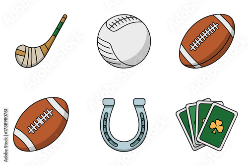 Flat vector icon set for sports and luck, showing hurling stick, baseball, football, lucky horseshoe, clover, and betting cards.