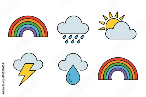 Flat vector icon set for weather and nature, featuring rainbow, rainy cloud, sun, lightning bolt, and thunderstorm symbols.