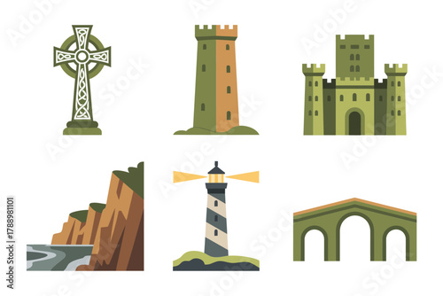 Flat vector icon set for Irish architecture and landmarks, featuring coastal cliff, lighthouse, Celtic cross, ancient bridge, and medieval castle.