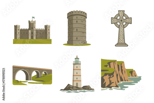 Colored outline vector icons for Irish landmarks, showing old stone bridge, coastal lighthouse, cliff edge, Celtic cross, and historic castle.