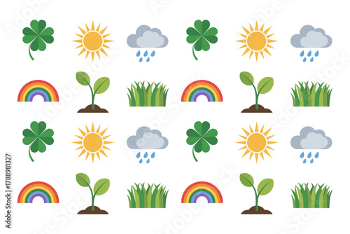 Outline vector icons for nature and weather, illustrating rainbow, sun, rain, growing plants, grass, and water droplets.