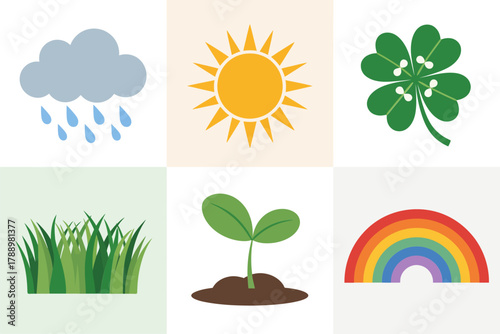 Flat vector icon set for nature and weather, featuring rain cloud, sun, shamrock clover, rainbow, growing plant, and green grass.