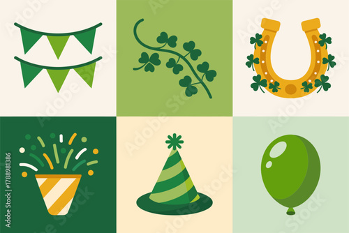 Colored outline vector icons for party and festival, showing decorative banners, lucky horseshoe, confetti popper, party hat, and celebration balloon.
