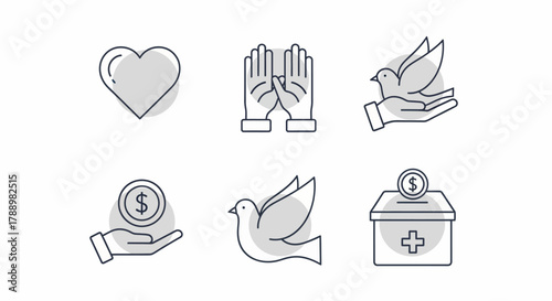 Set of icons representing charity and donation concepts.