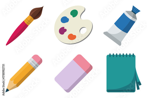 Flat vector icon set for art and school supplies, featuring brush, palette, paint tube, pencil, eraser, and small notebook.