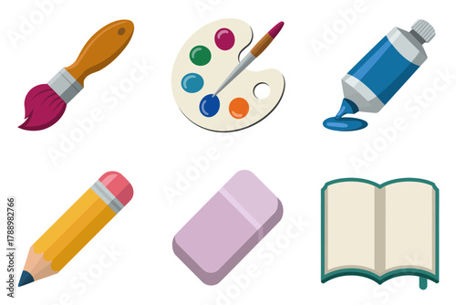 Colored outline vector icons for art and school supplies, showing brush, palette, paint tube, pencil, eraser, and open book.