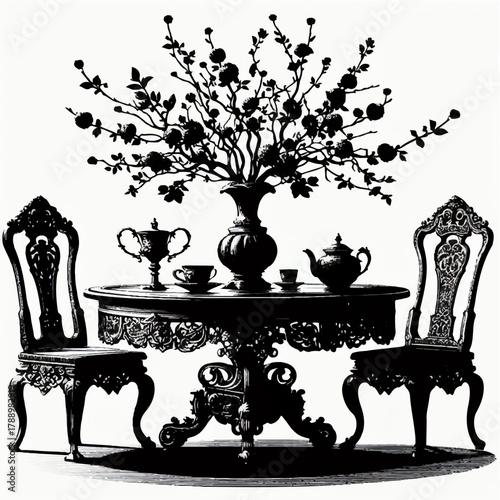 Black and white illustration of an antique table with porcelain setting and a vase with flowers, as well as Baroque chairs. Vector graphics. EPS.