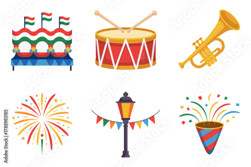 Stylized flat vector icons for festival and celebration, featuring drum, trumpet, fireworks, confetti, street lamp, and party symbols.