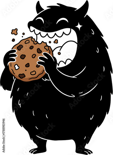 Funny Black Furry Monster Eating Giant Chocolate Chip Cookie