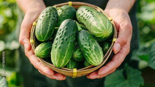 Fresh Harvest: A person tenderly cradles a woven basket brimming with freshly harvested cucumbers, highlighting the season's bounty and the rewards of natural growth.