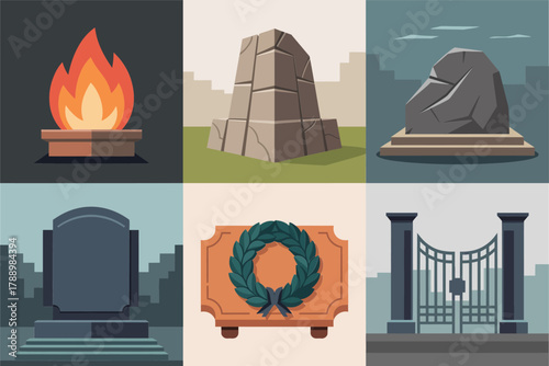 Stylized flat vector icons for memorial and cemetery, featuring tombstone, fire, gate, laurel wreath, and stone monument.