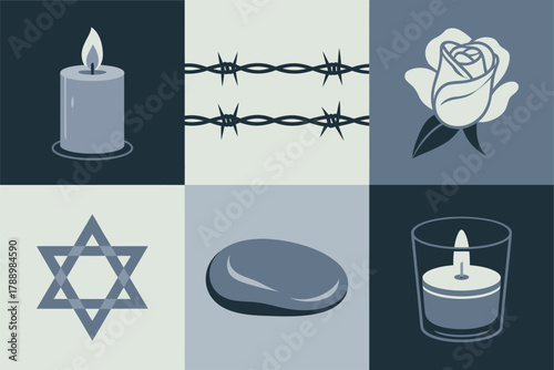 Outline vector icons for memorial and grief, illustrating rose, barbed wire, candle, star, and small stone symbols.