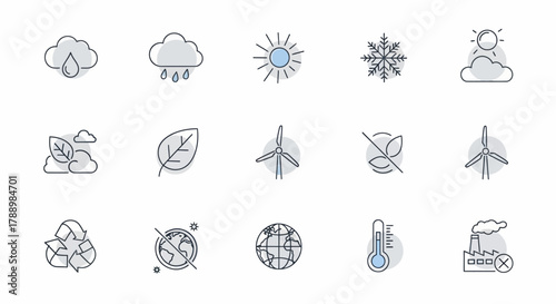 Collection of Environmental and Weather Icons Representing Nature and Sustainability.