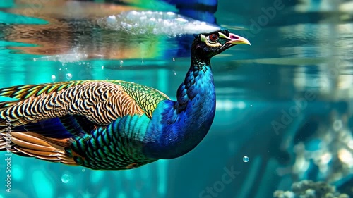 Peacock in Water: A mesmerizing scene unfolds as a vibrant peacock glides effortlessly through the crystal-clear water. His colorful plumage catches the light.