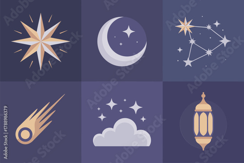Outline vector icons for night and astronomy, illustrating star, crescent moon, constellation, comet, and lantern symbols.