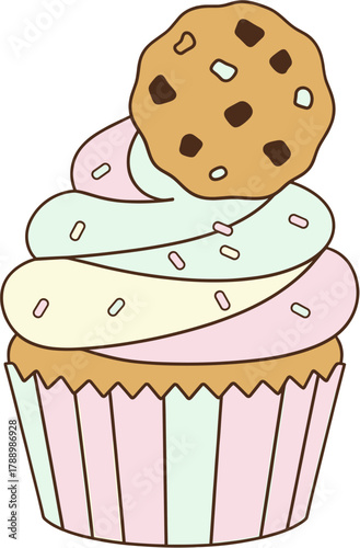 Pastel Cupcake with Cookie Topper and Colorful Sprinkles