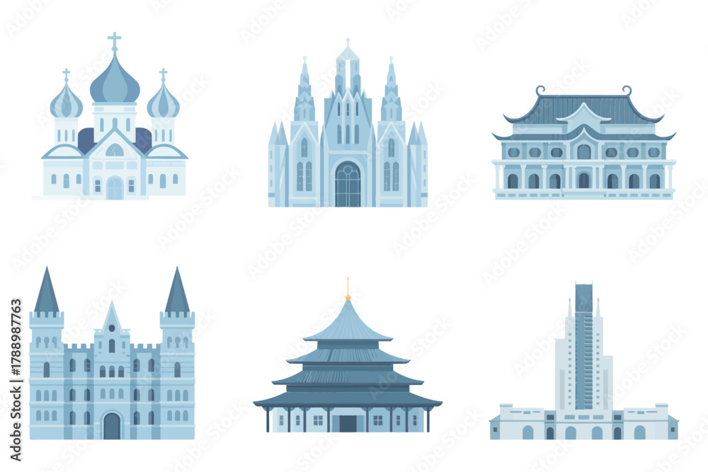 Obraz premium Stylized flat vector icons for world architecture, featuring Russian, Chinese, historical castle, temple, and cathedral buildings.