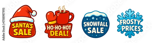Christmas winter sale badges, Santa and snow deals