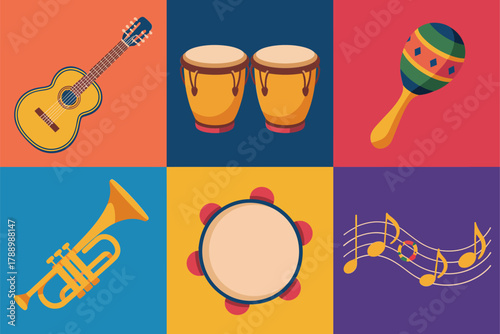 Flat vector icon set for music and fiesta, illustrating guitar, drums, maracas, trumpet, and musical notes symbols.