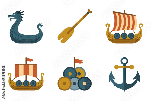 Flat vector icon set for viking ship and elements, featuring dragon head, oar, longship, anchor, and shield symbols.
