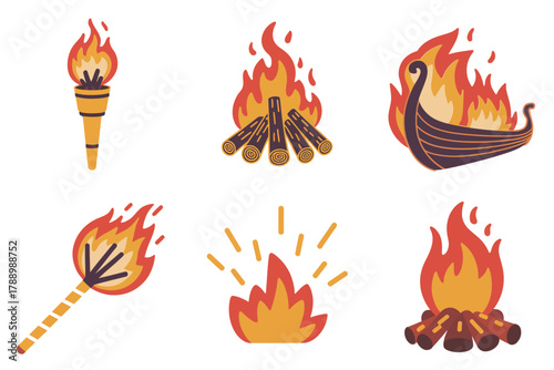 Outline vector icons for viking celebration, illustrating torch, campfire, longship, axe, and fire burst symbols.