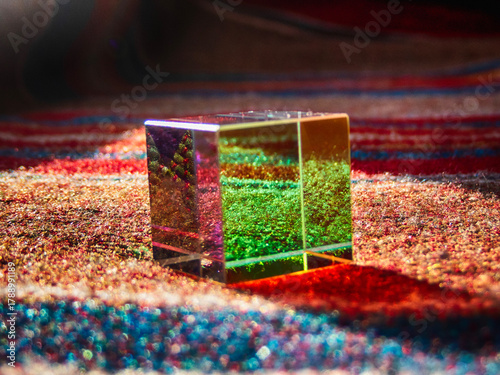 Multicolor cubic glass prism in the light
