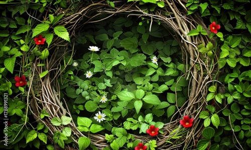 Natural wreath in verdant foliage with delicate white and red flowers