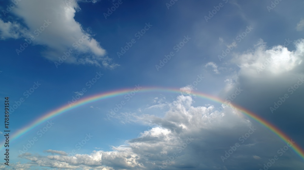 Naklejka premium A bright rainbow elegantly spans the sky emerging after a light rainfall. The clouds part to reveal a stunning blend of colors against a backdrop of blue creating a serene atmosphere.