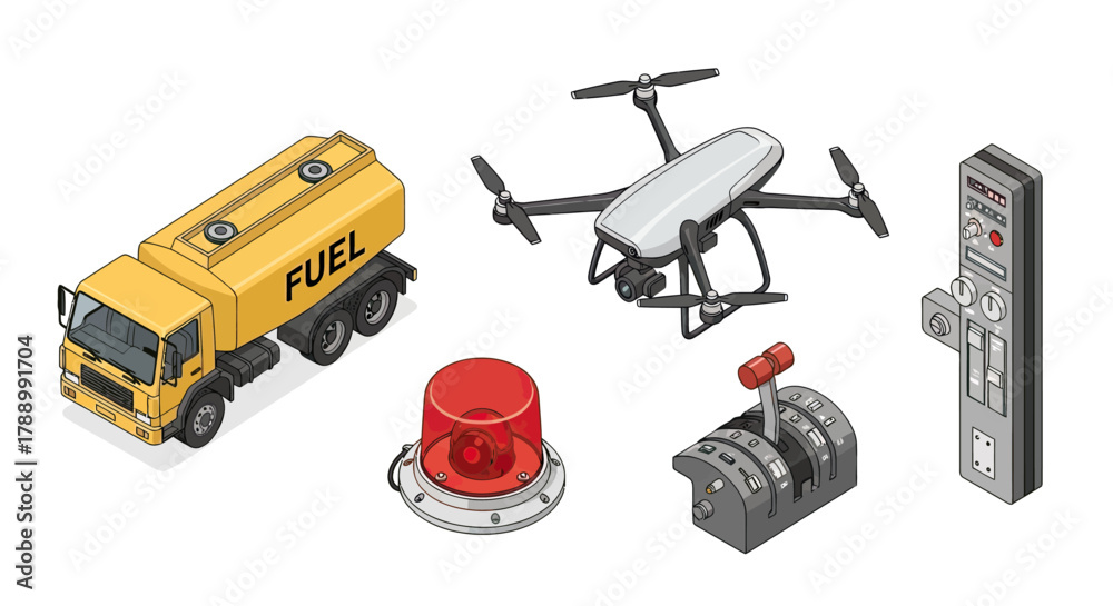 Obraz premium Aerial Drone with Fuel Truck and Remote Control.