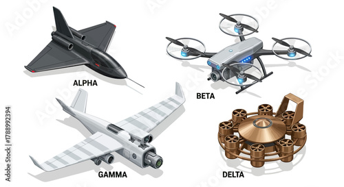 Collection of Four Different Types of Aircraft and Drones.