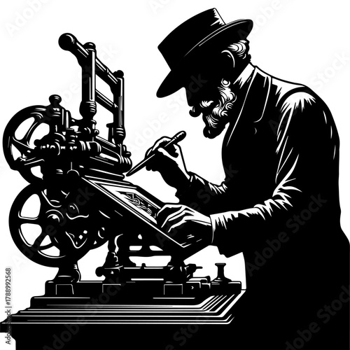 A black and white illustration of an experienced craftsman performing his work on an engraving machine on a white isolated background. Vector graphics. EPS.