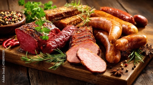 A variety of grilled meats is beautifully displayed on a wooden board. There are sausages smoked cuts and fresh herbs along with colorful spices enhancing the feasts appeal.