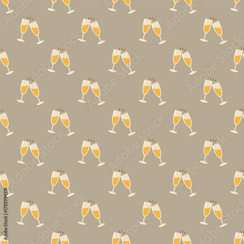 Seamless pattern with champagne glasses on beige background. Vector festive holiday background. Wedding print.