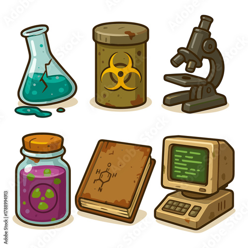 Toxic science lab cartoon icons, post apocalyptic equipment