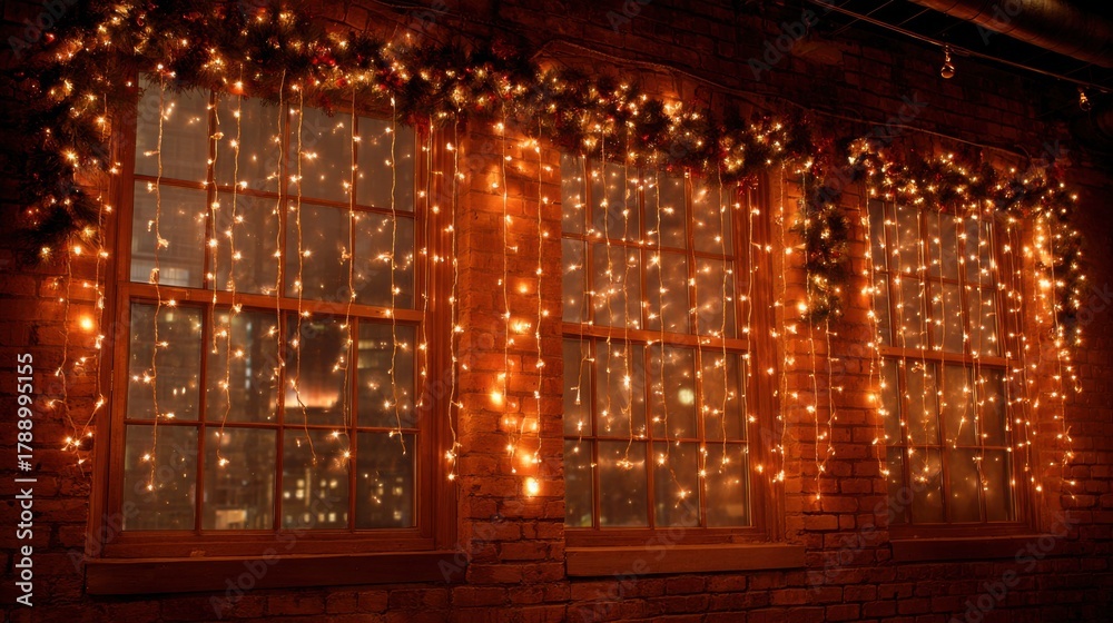 Obraz premium Bright string lights hang gracefully over brick wall windows creating a warm and inviting atmosphere during the holiday season in an urban environment.