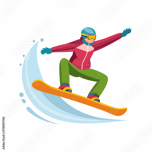 Illustration of a snowboarder performing a jump on a snowboard.