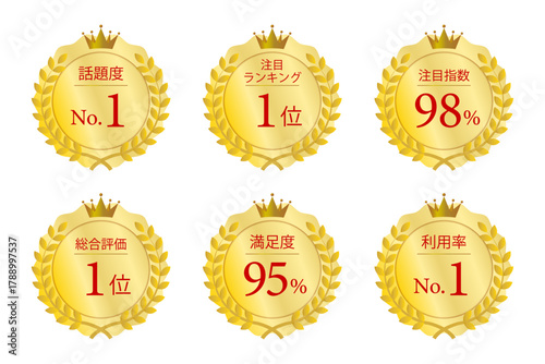 金色のメダルにNo.1実績や満足度を表した受賞バッジセット